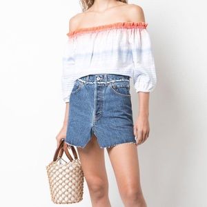 lemlem by Liya Kebede Biftu Off Shoulder Blouse in Coral, White and Blue Stripes